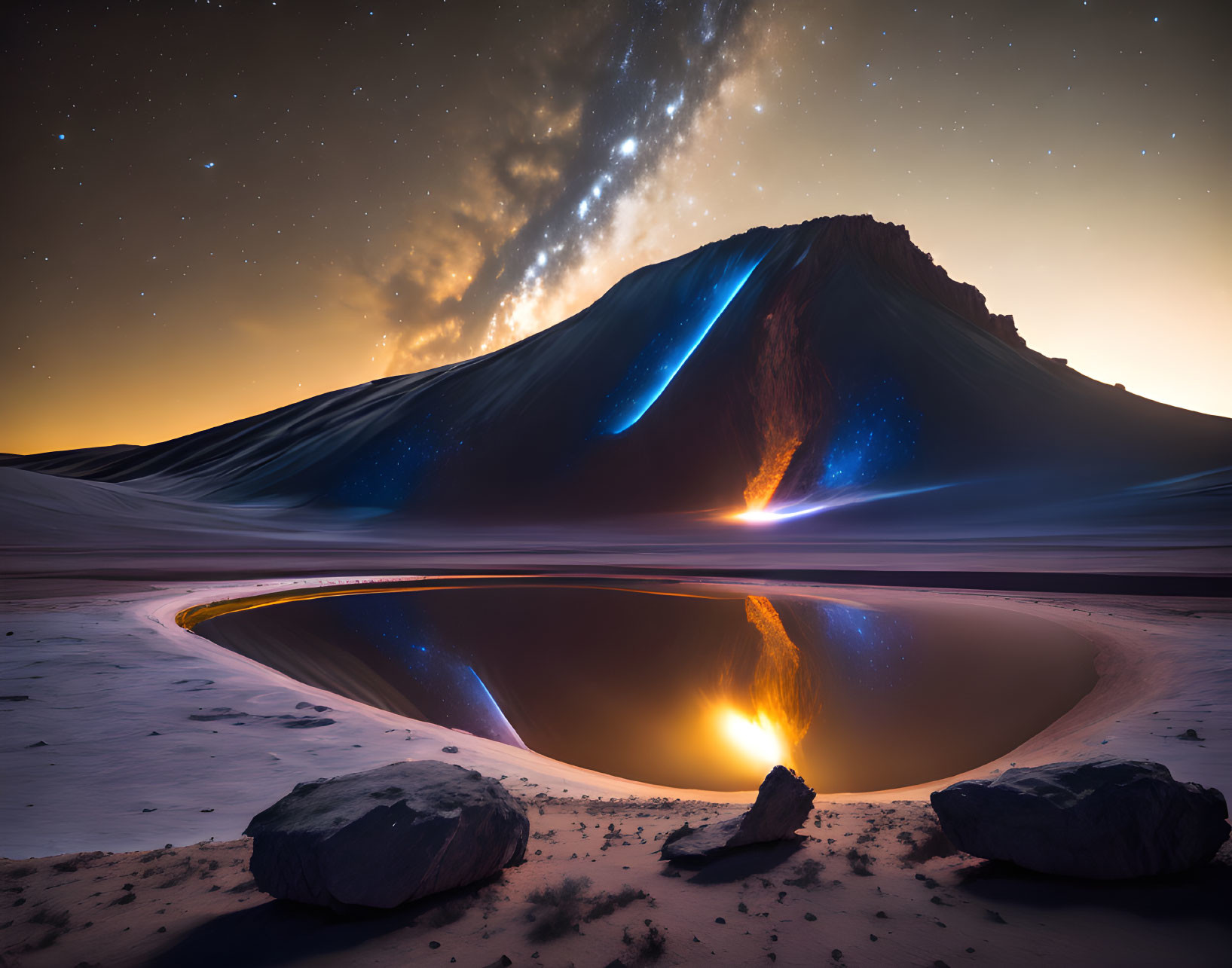 Tranquil night landscape with glowing blue lines over reflective water