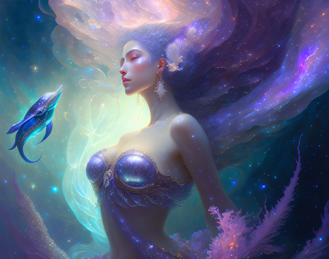 Ethereal woman with cosmic orb and whale in surreal nebula