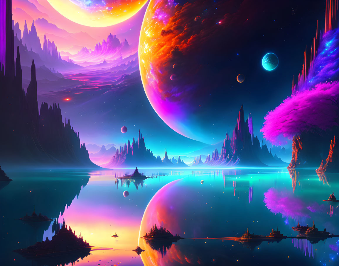 Majestic sci-fi landscape with mountains, lake, and giant planets