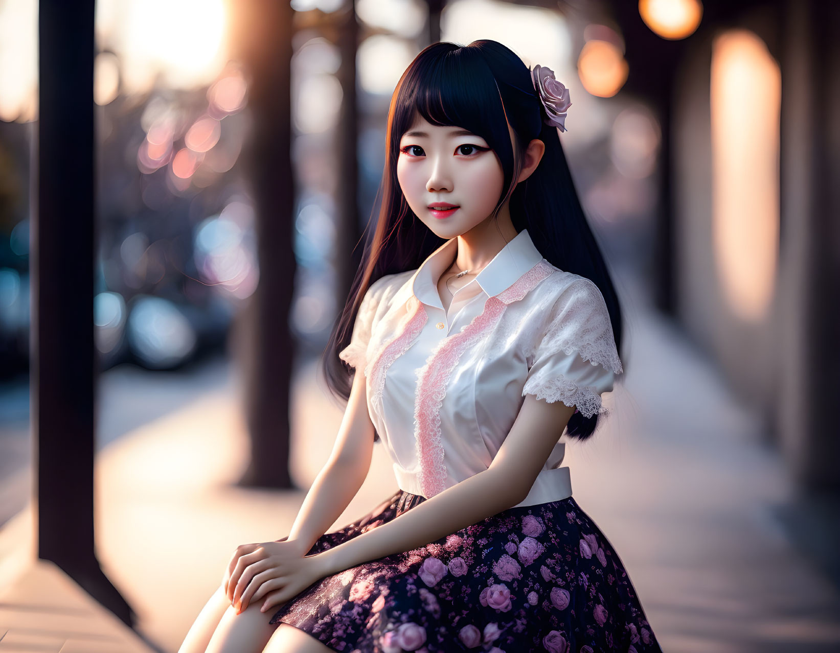 Young woman with flower in hair sitting on bench at golden hour in white blouse and floral skirt.