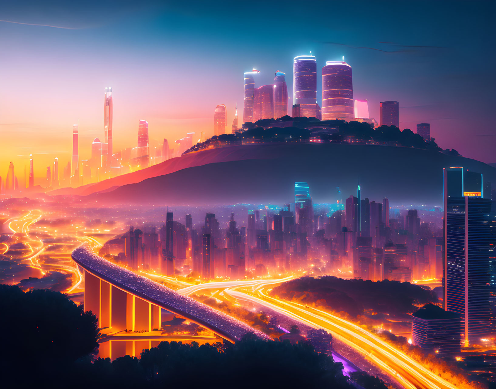 Vibrant neon-lit futuristic city skyline at dusk