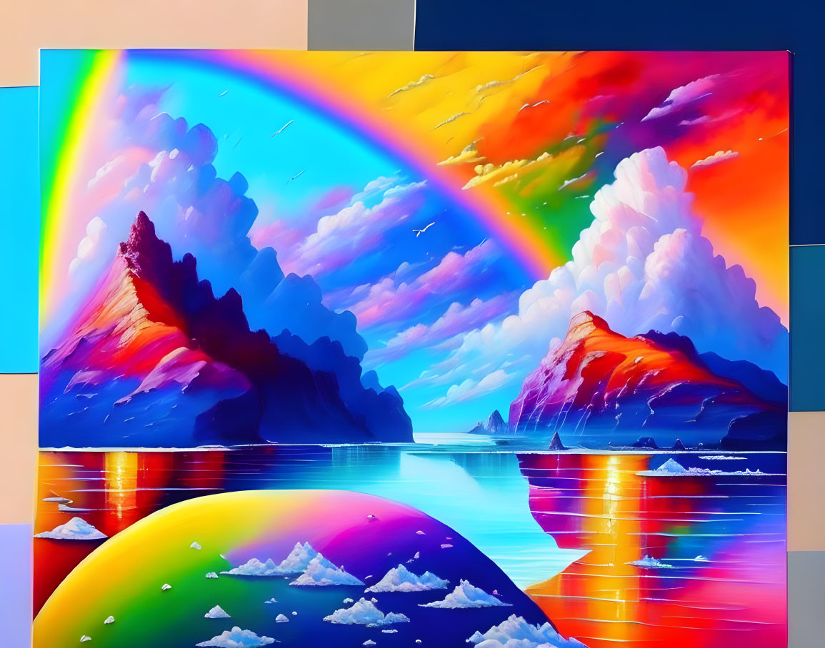 Colorful Mountain Landscape with Rainbow, Clouds, Birds, and Water Reflection