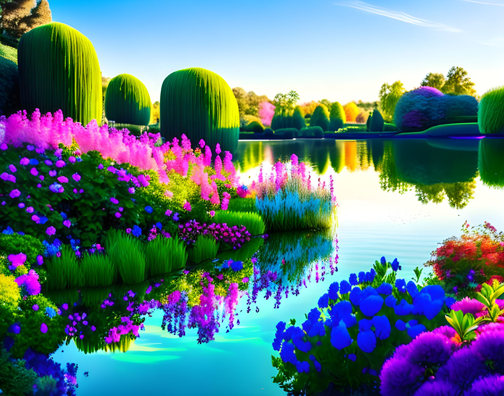 Vibrant garden with pink flowers, trimmed hedges, and serene blue lake