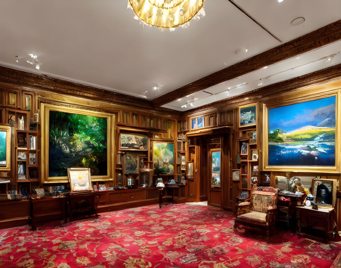 Luxurious art gallery with ornate frames, landscape paintings, red carpet, wood paneling, and