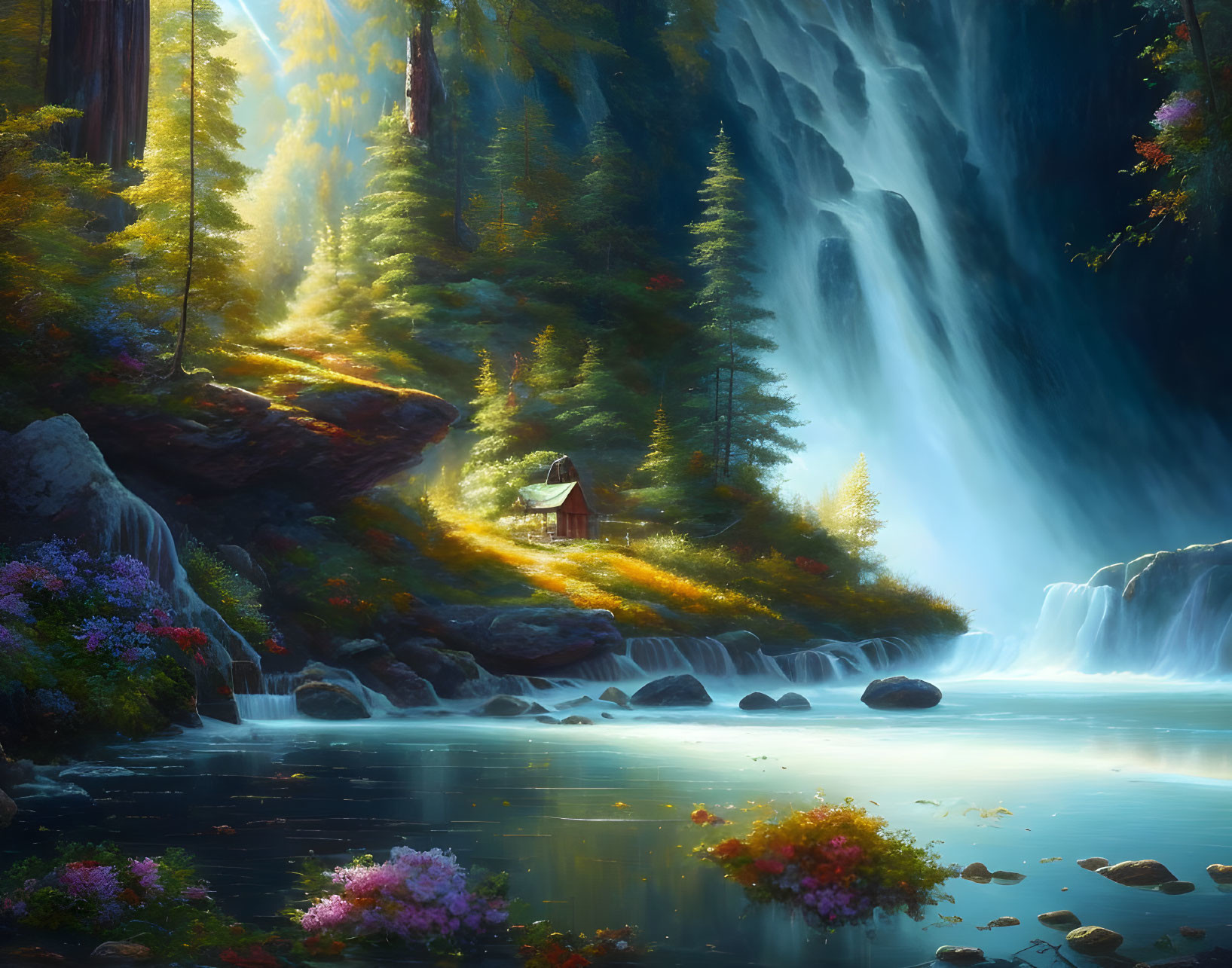 Tranquil landscape with waterfall, cabin, vibrant flowers, and serene lake