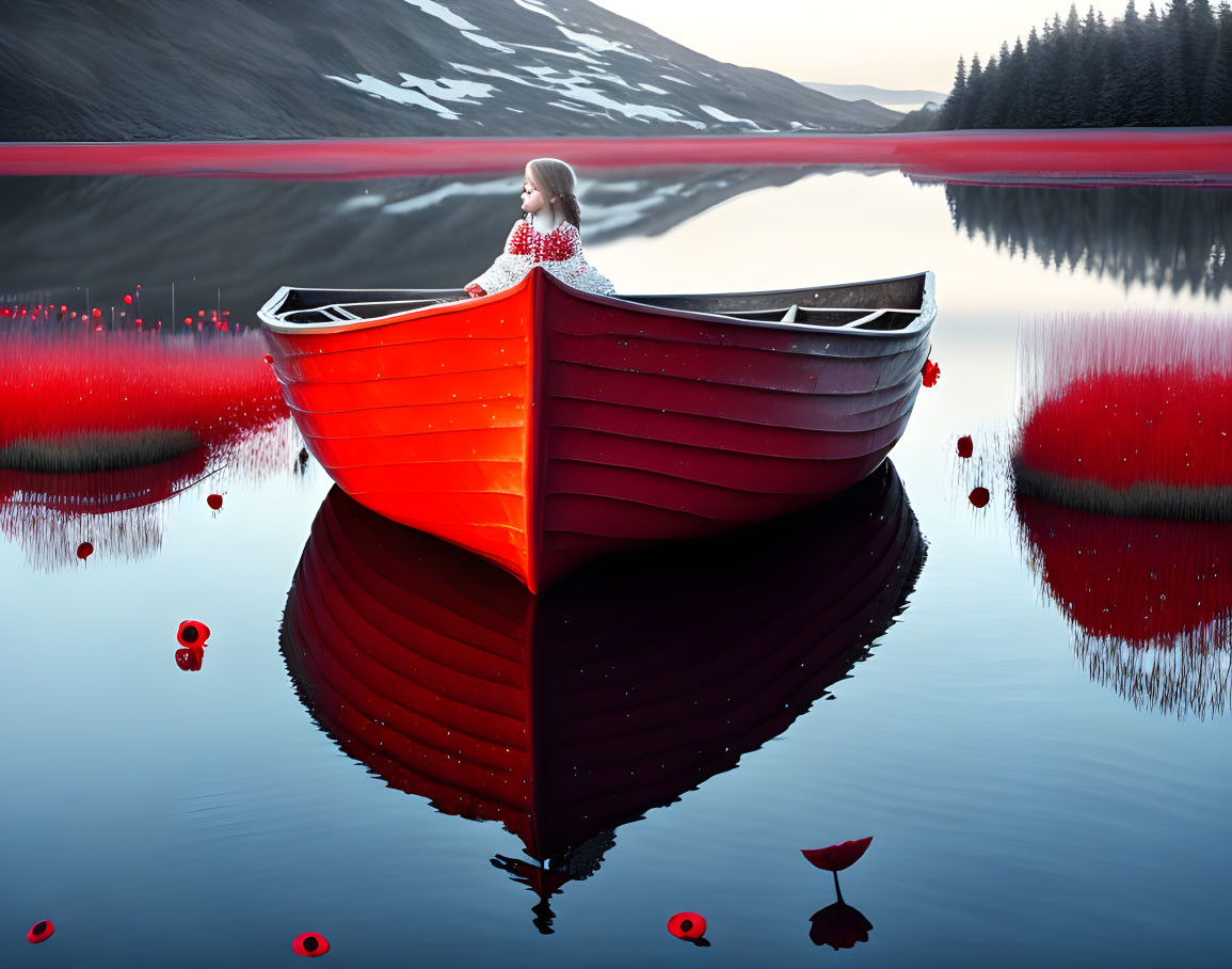 Girl in red dress sitting in red boat on serene lake with hills and red flora.