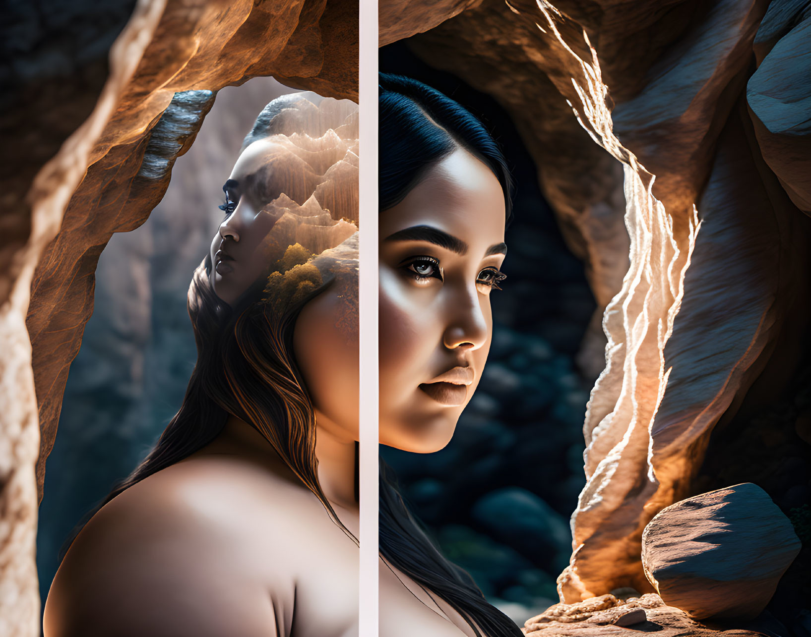 Split-image of woman in cave: cool tone, forest reflection, warm sunlight.