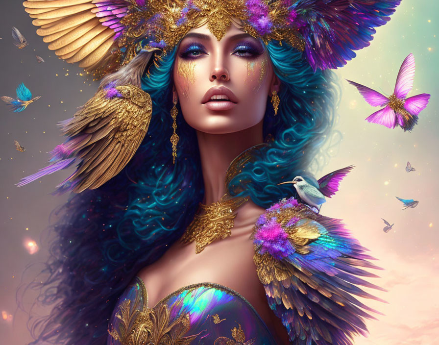 Fantastical image of woman with blue hair, golden ornaments, purple feathers, and butterflies.