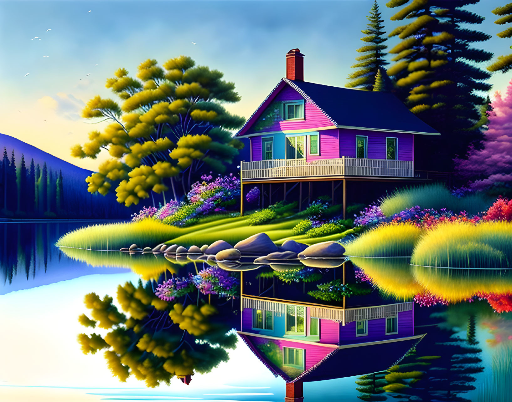 Purple house by calm lake surrounded by lush foliage under twilight sky