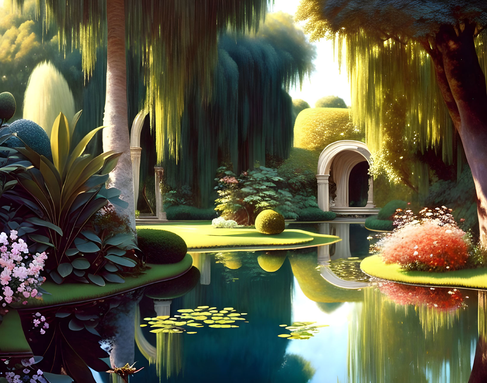 Tranquil fantasy garden with lush greenery and pond