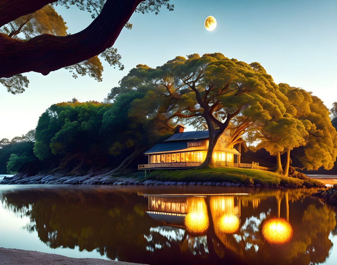 Tranquil riverside twilight scene with glowing moon, lanterns, house, and tree