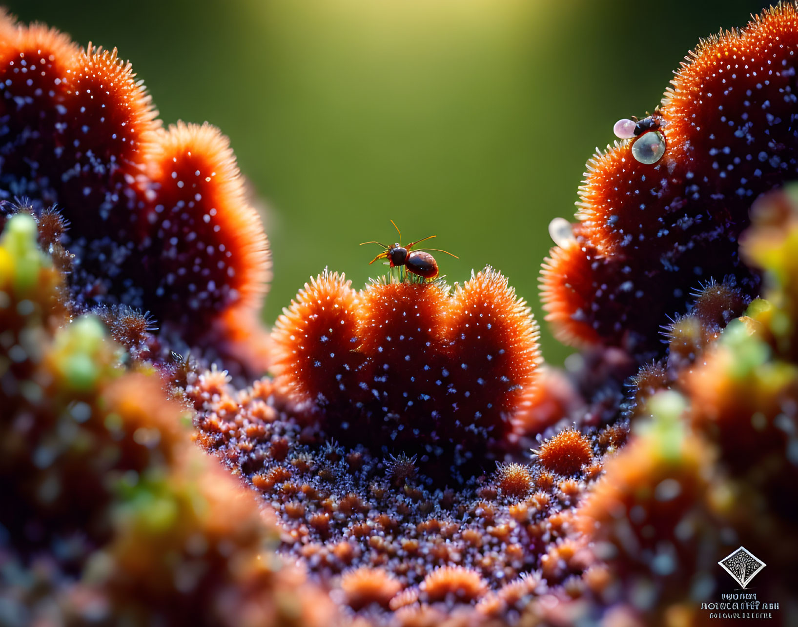 Vibrant red and purple prickly plant with small insect under sunlight