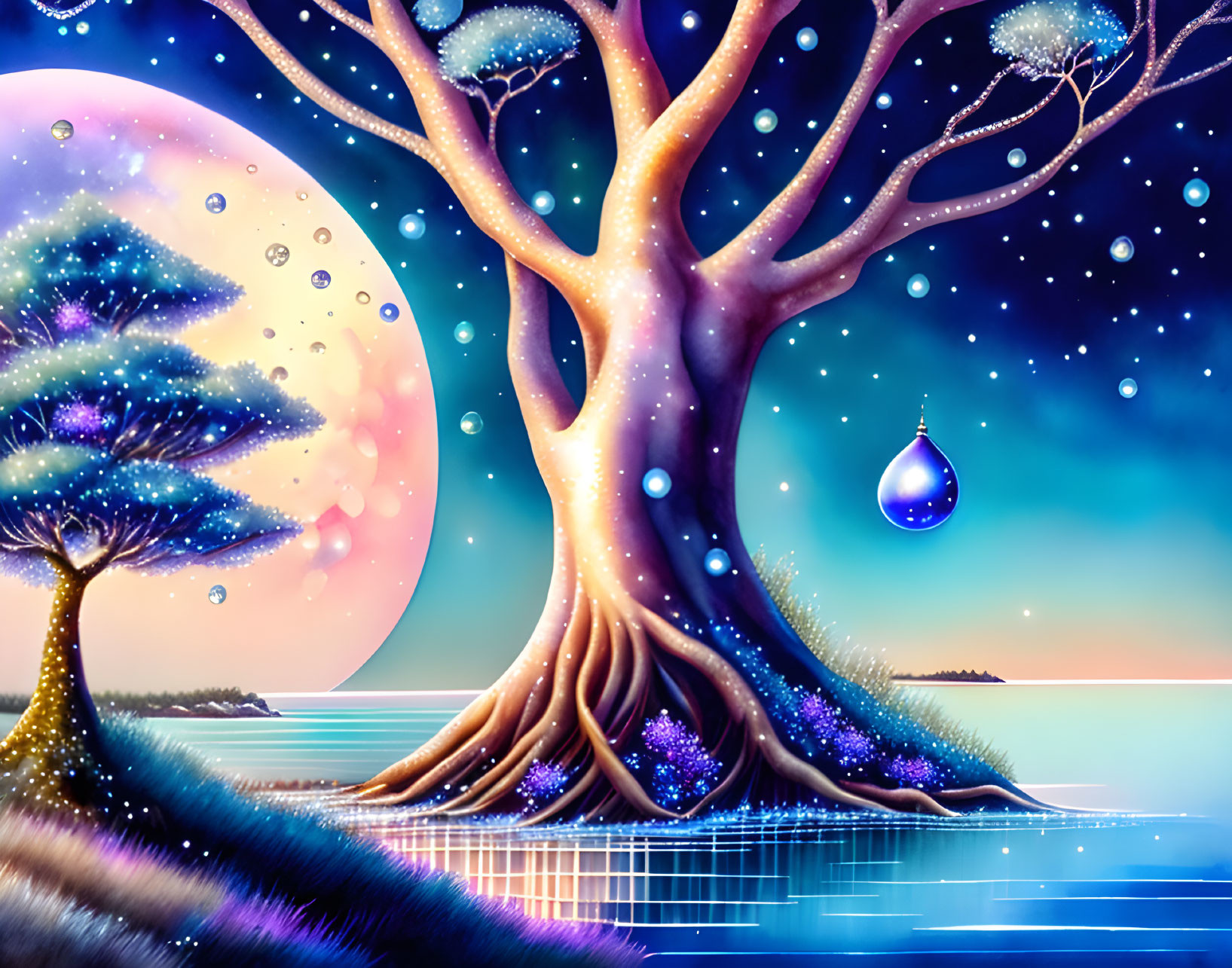 Vibrant digital artwork of magical tree under starry night sky