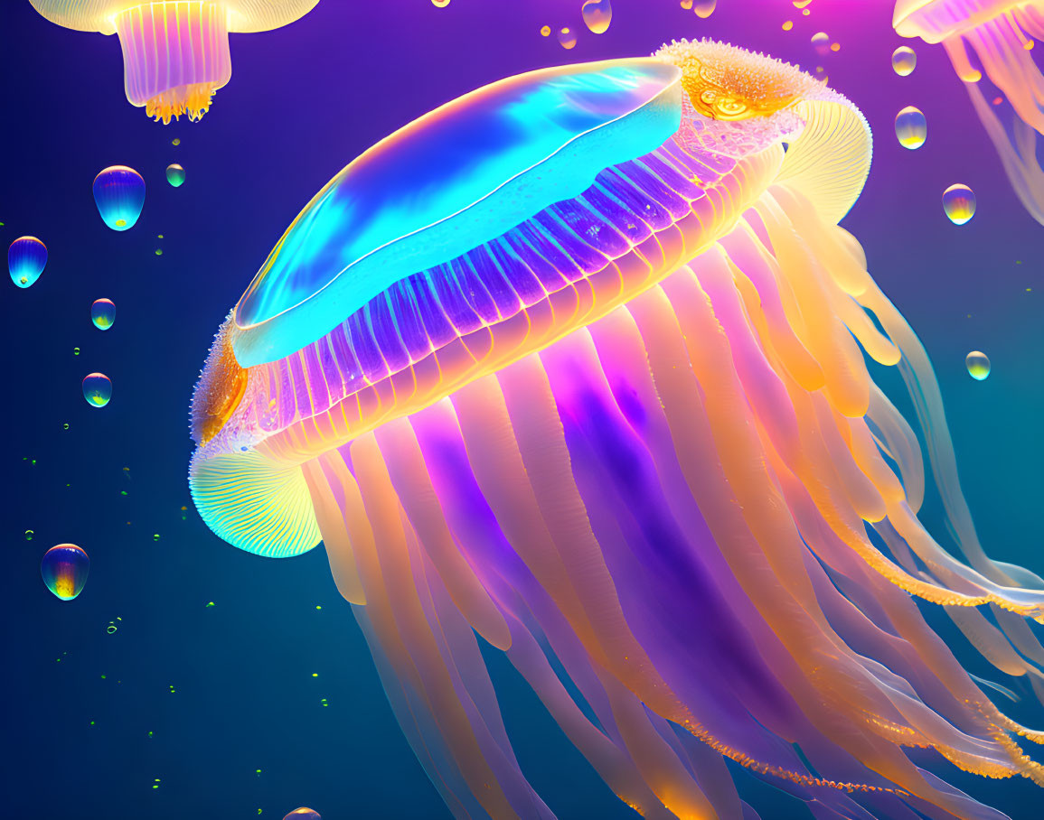 Colorful Jellyfish Digital Art with Neon Blue and Purple Hues on Dark Blue Background