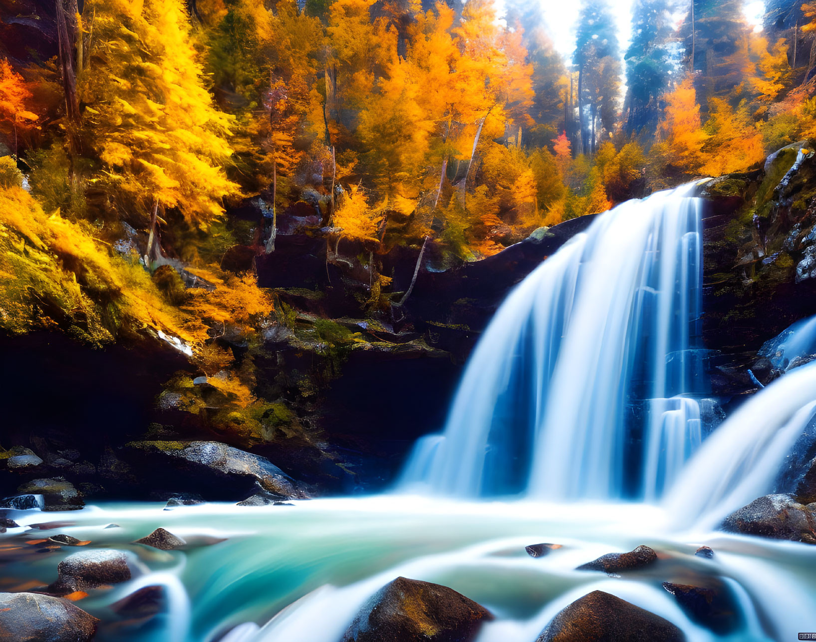 Tranquil waterfall in autumn forest with golden leaves