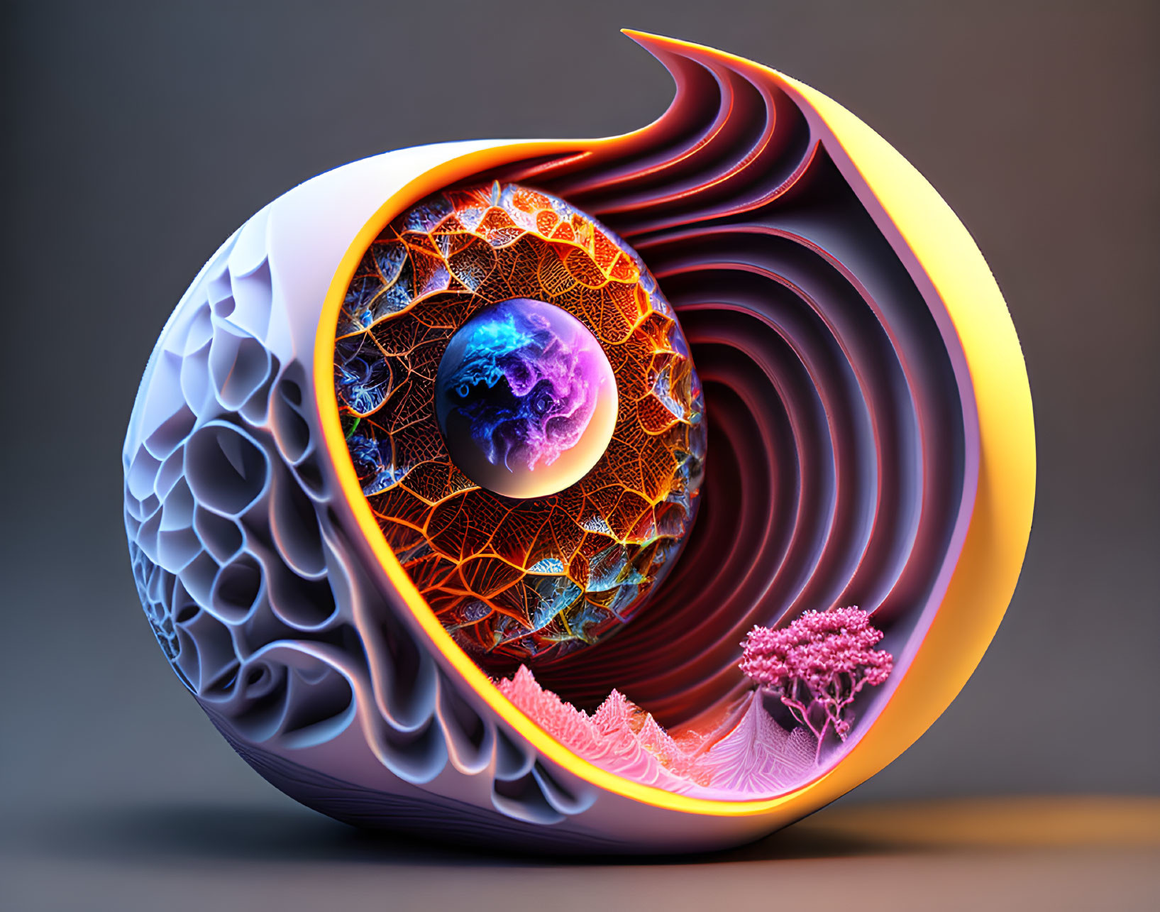 Colorful 3D abstract image with spiral design, globe, and tree-like structure