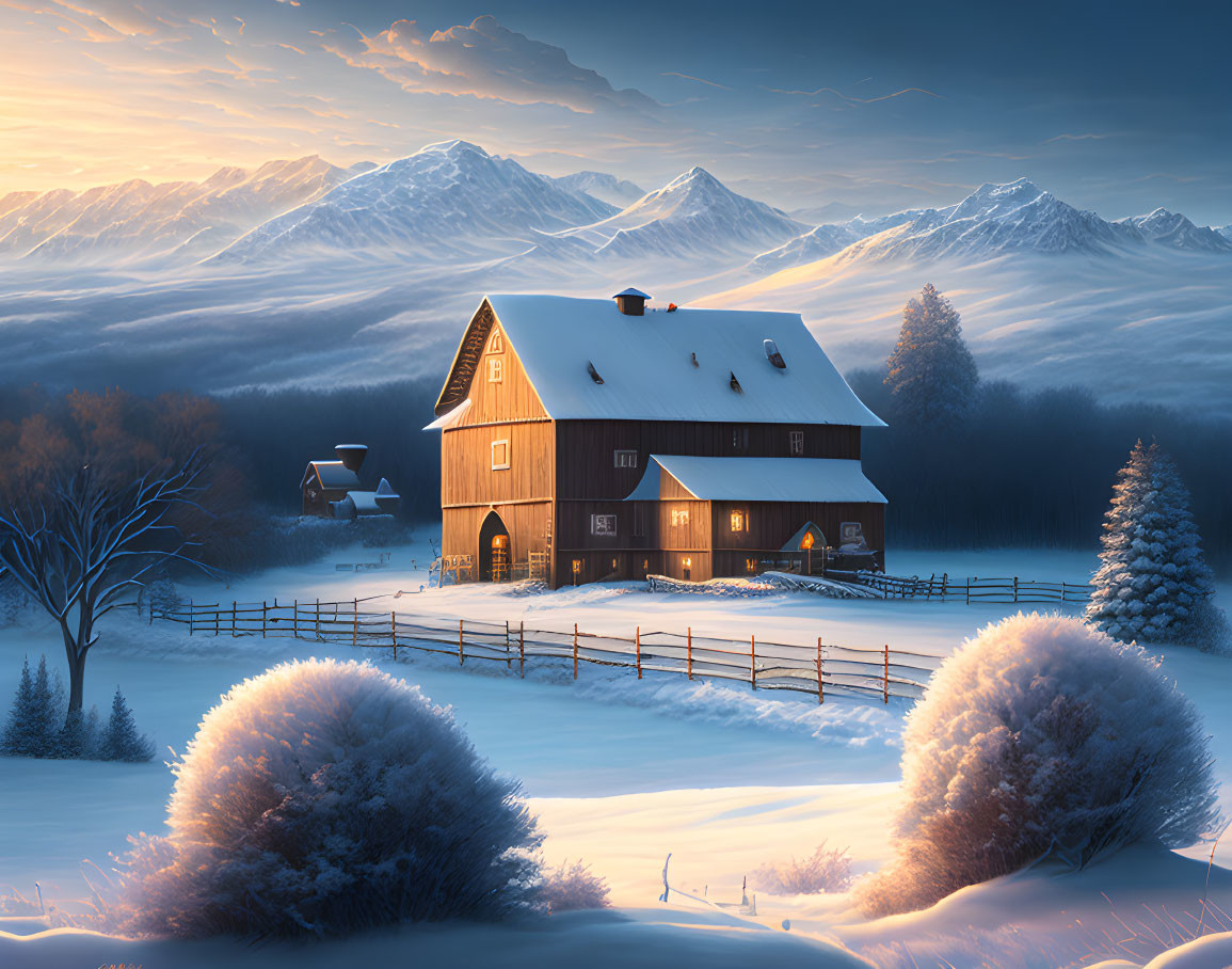 Snowy winter barn scene with cozy glow and mountain backdrop