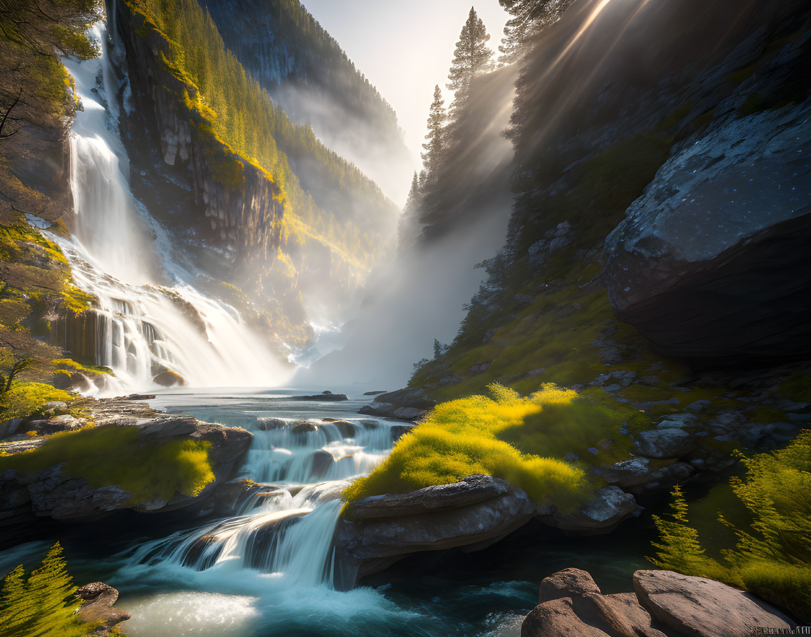 Sunlit waterfall cascading into serene river amidst lush cliffs and green foliage