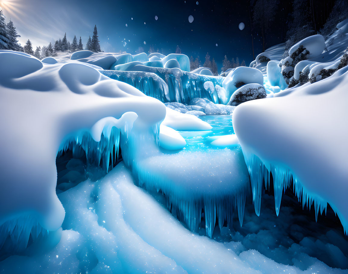 Frozen River and Snow-Covered Banks in Winter Night Scene