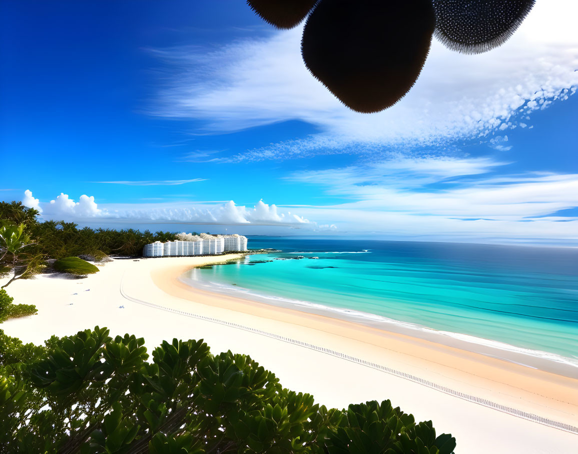 Tropical beach with turquoise waters, white sands, lush greenery, and distant resort