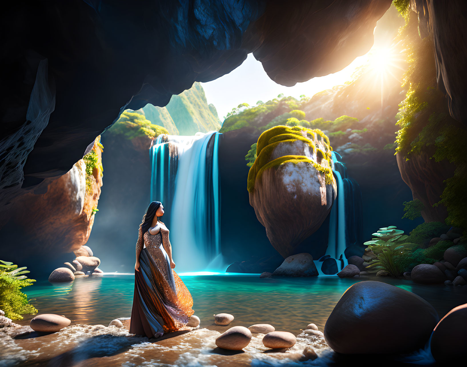 Woman in flowing dress admires waterfall in sunlit cave