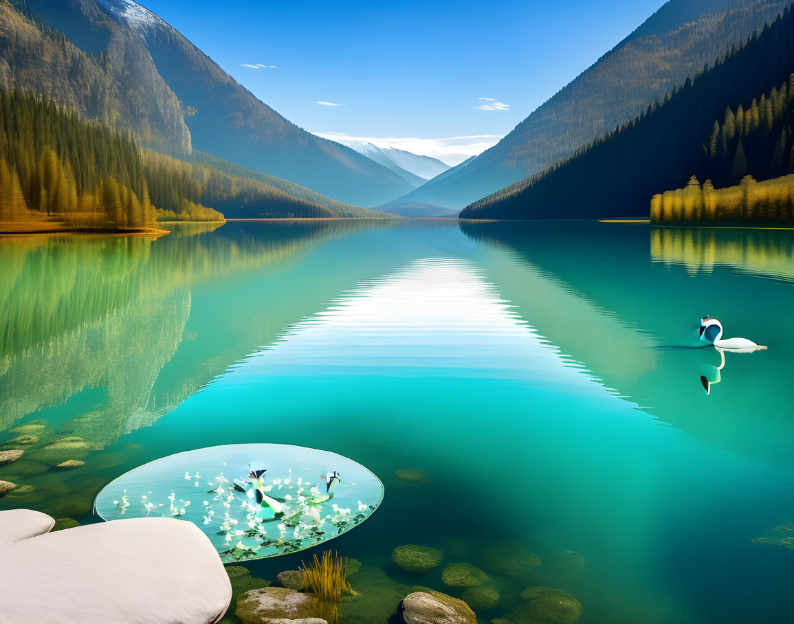 Tranquil mountain lake with swan, water lilies, and rocks