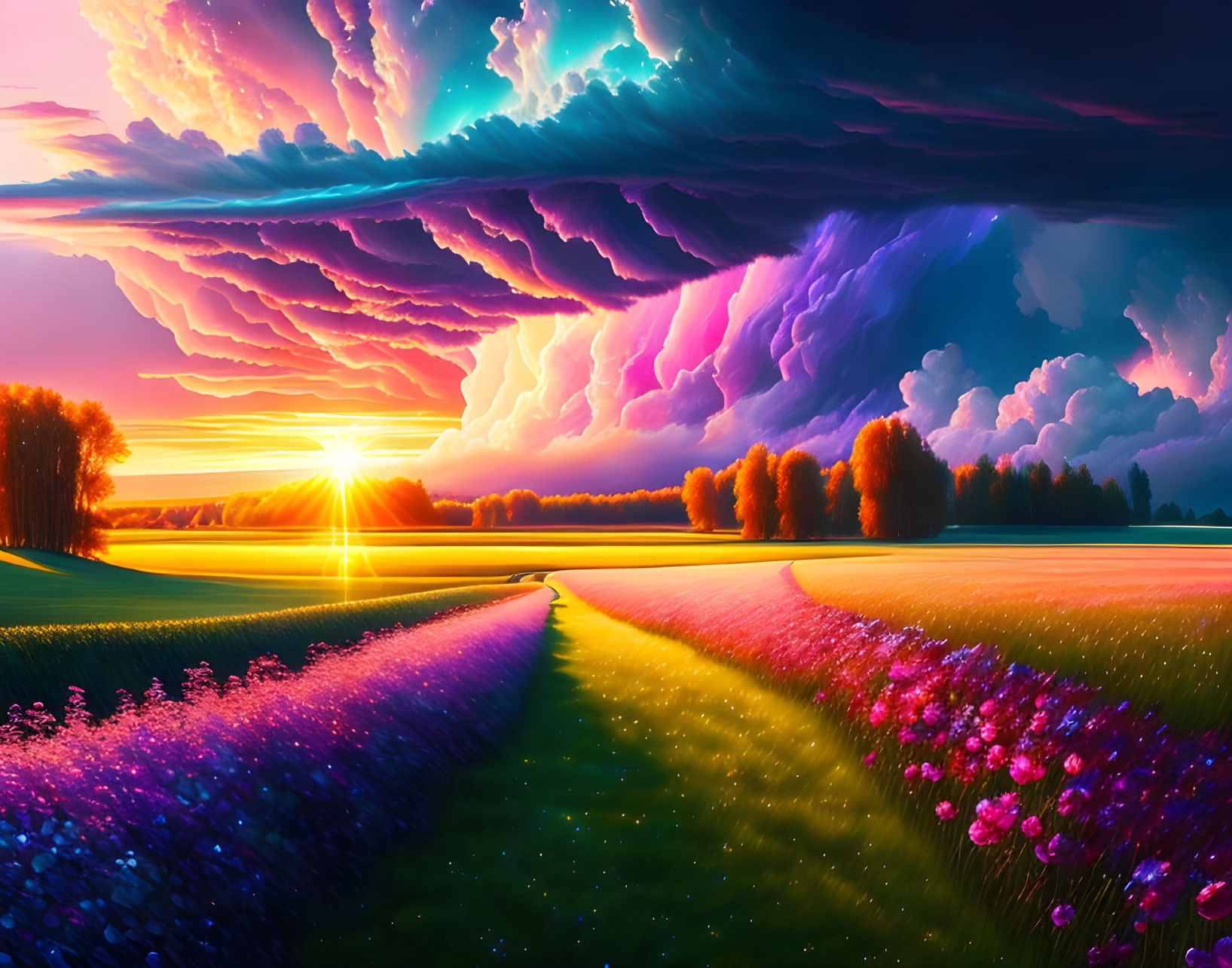 Colorful flowering fields under a dramatic sunset sky