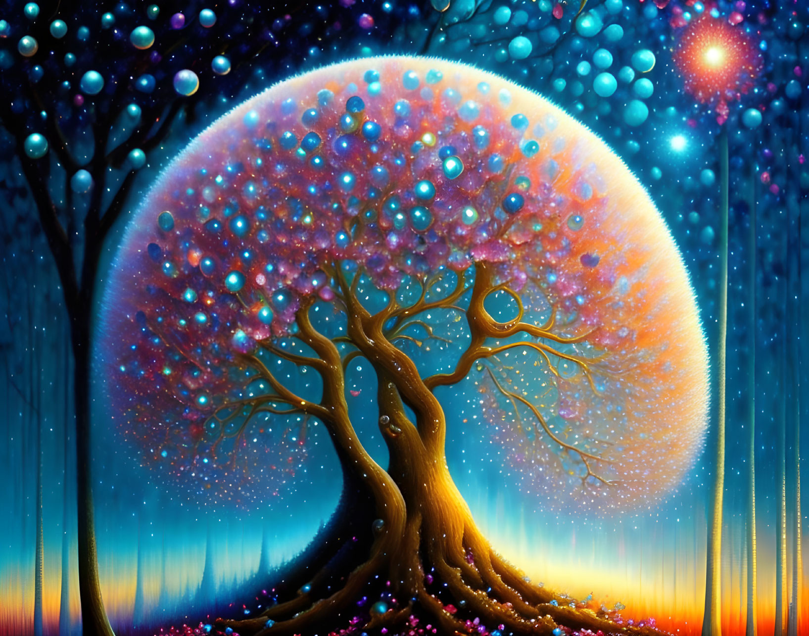 Colorful whimsical tree illustration under starry sky