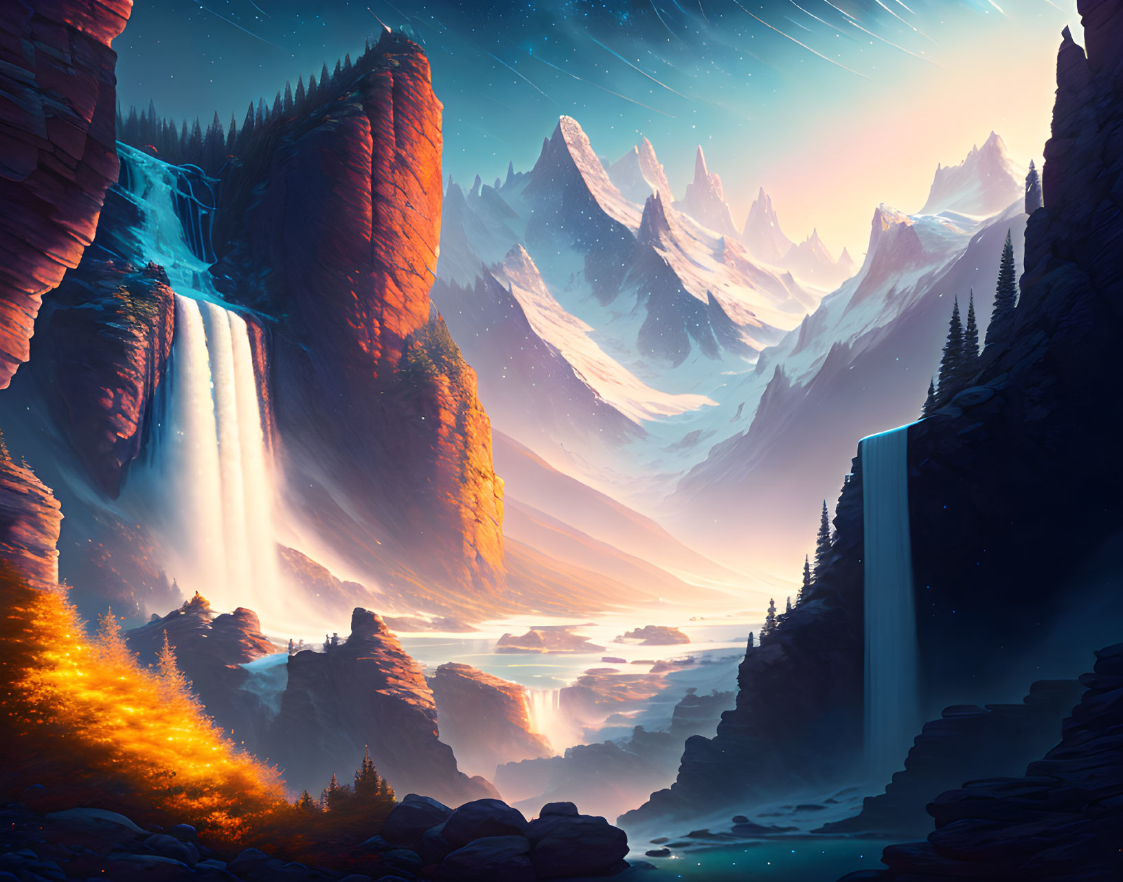 Majestic Waterfalls and Autumnal Forests in Twilight