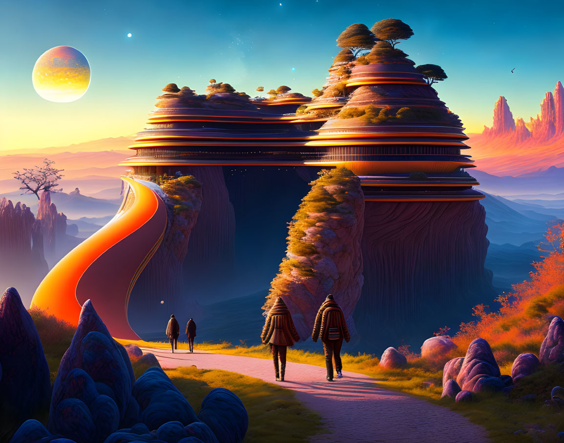 Fantastical landscape with towering rocks, winding path, alien travelers, vibrant flora, and multiple moons