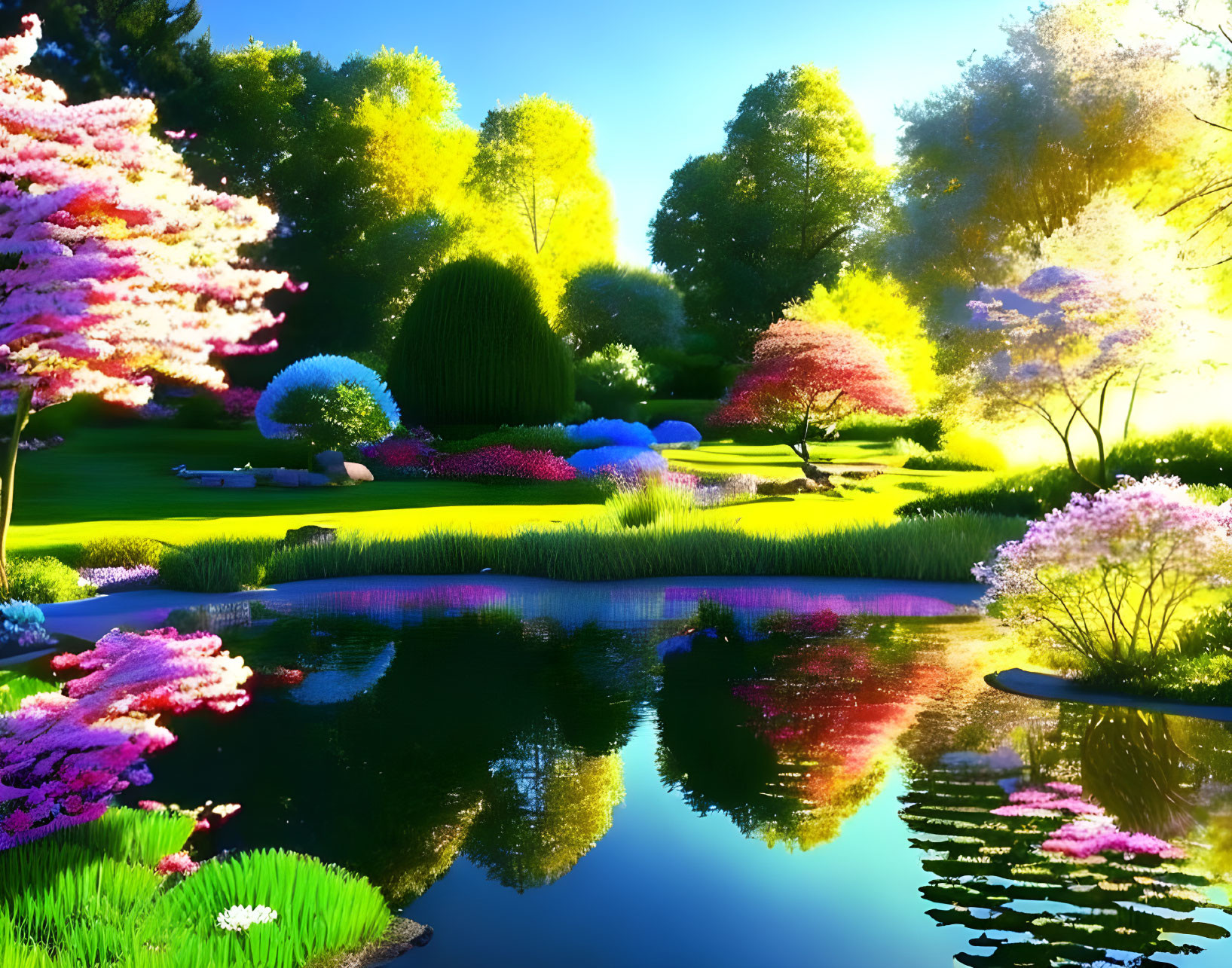 Colorful garden with trees, bushes, and flowers reflected in serene pond