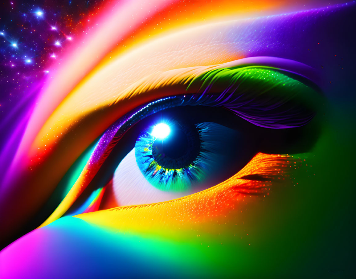 Colorful Human Eye Artwork with Rainbow Spectrum and Stars on Dark Cosmic Background