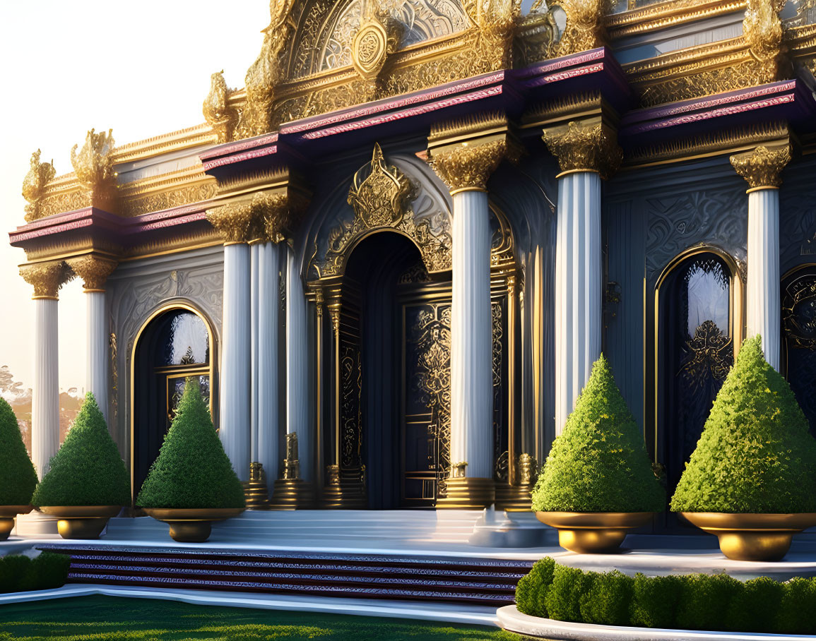 Golden and Blue Temple Facade with Intricate Designs and Conical Trees