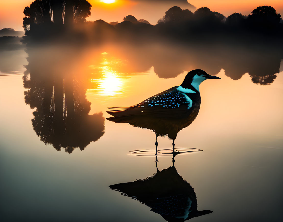 Starling Reflecting in Still Water Against Silhouetted Trees at Sunrise/Sunset