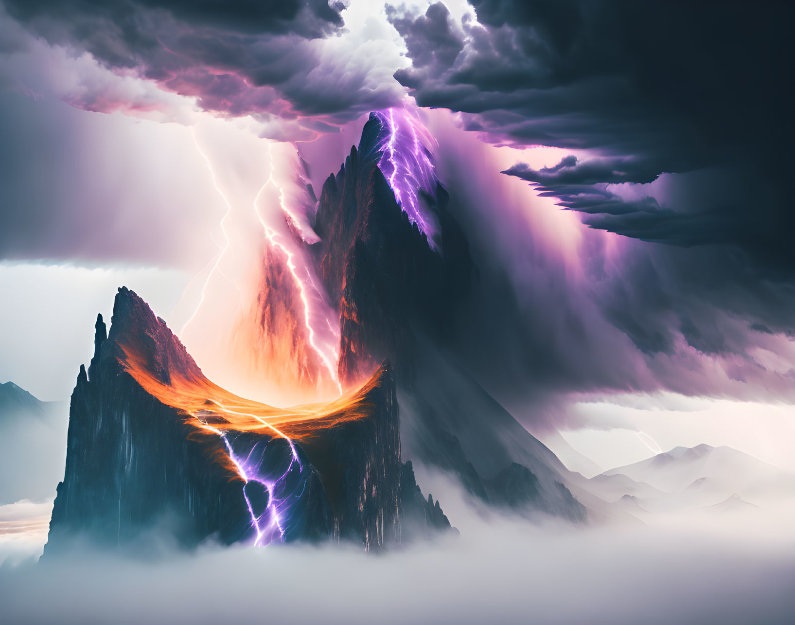 Stormy Mountain Landscape with Lightning Striking Peaks