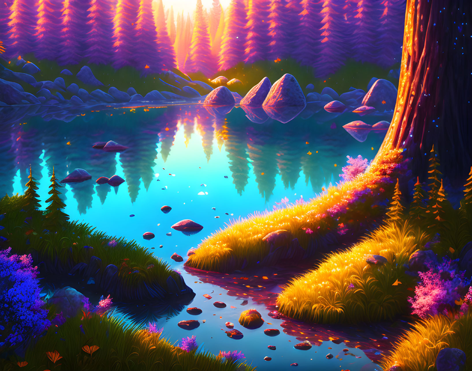 Colorful forest scene with lake at sunset