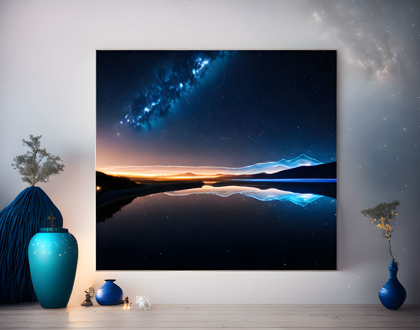 White-walled room with starry night sky image, blue vases, and potted plants