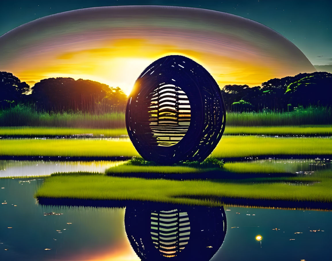 Surreal landscape with circular sculpture, intricate patterns, water reflection, sunset, and ringed planet