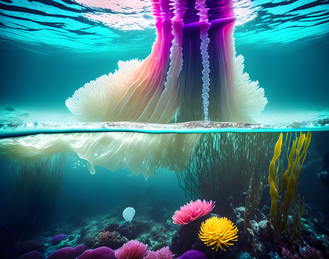 Vibrant underwater coral reefs with jellyfish reflection