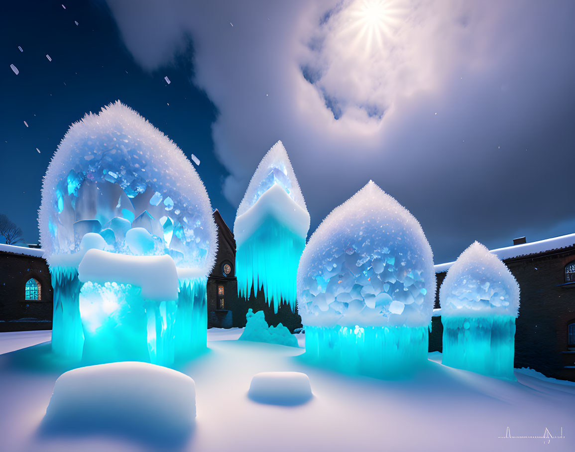 Winter night scene: glowing blue ice formations, snow-covered trees, starry sky.