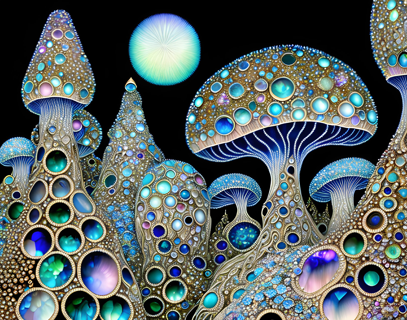 Colorful psychedelic mushroom structures with intricate patterns and iridescent bubbles on black.