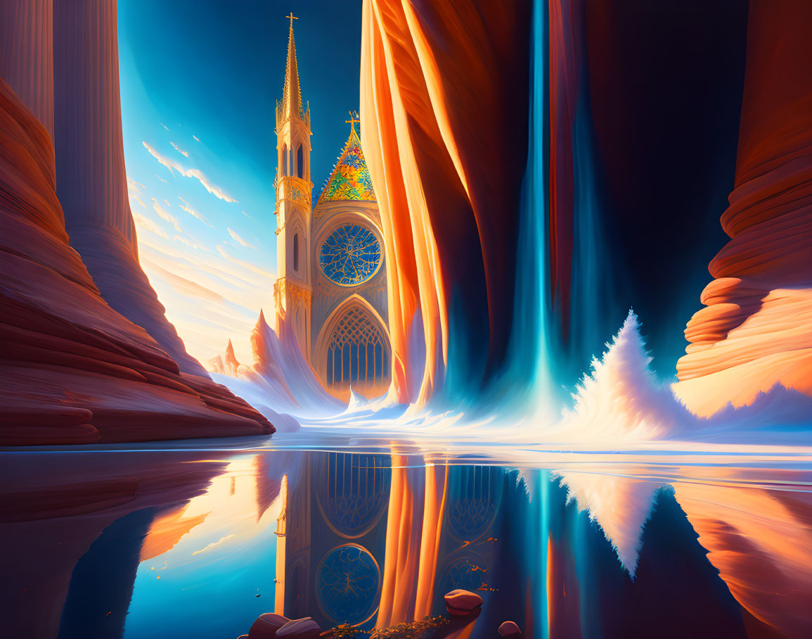 Fantastical landscape with cathedral, rock formations, waterfalls, and reflections