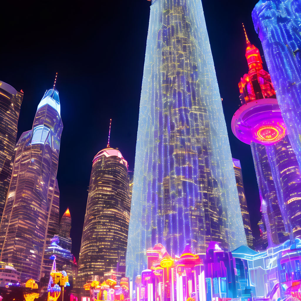 Vibrant neon-lit cityscape with illuminated skyscrapers at night