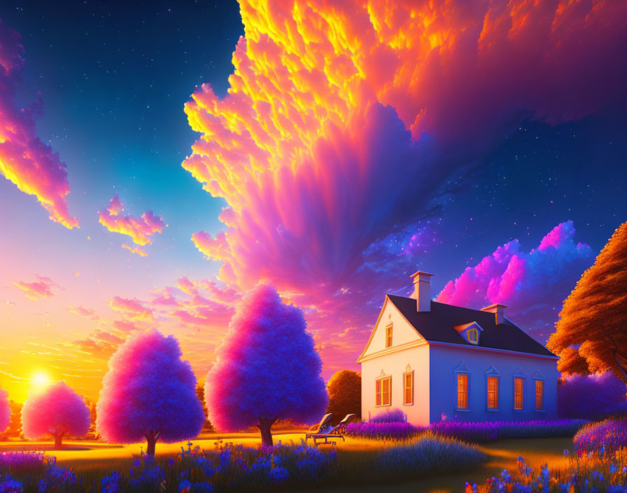 Vibrant purple trees and quaint house under orange sunset sky