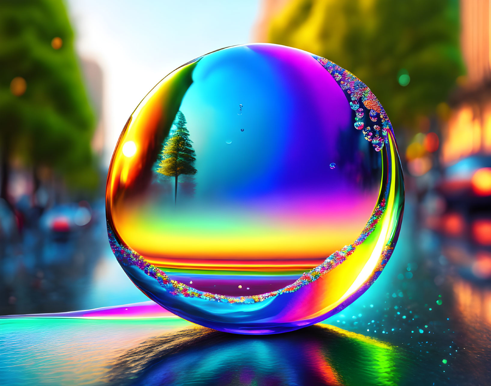 Colorful soap bubble reflects city street and tree on wet surface.