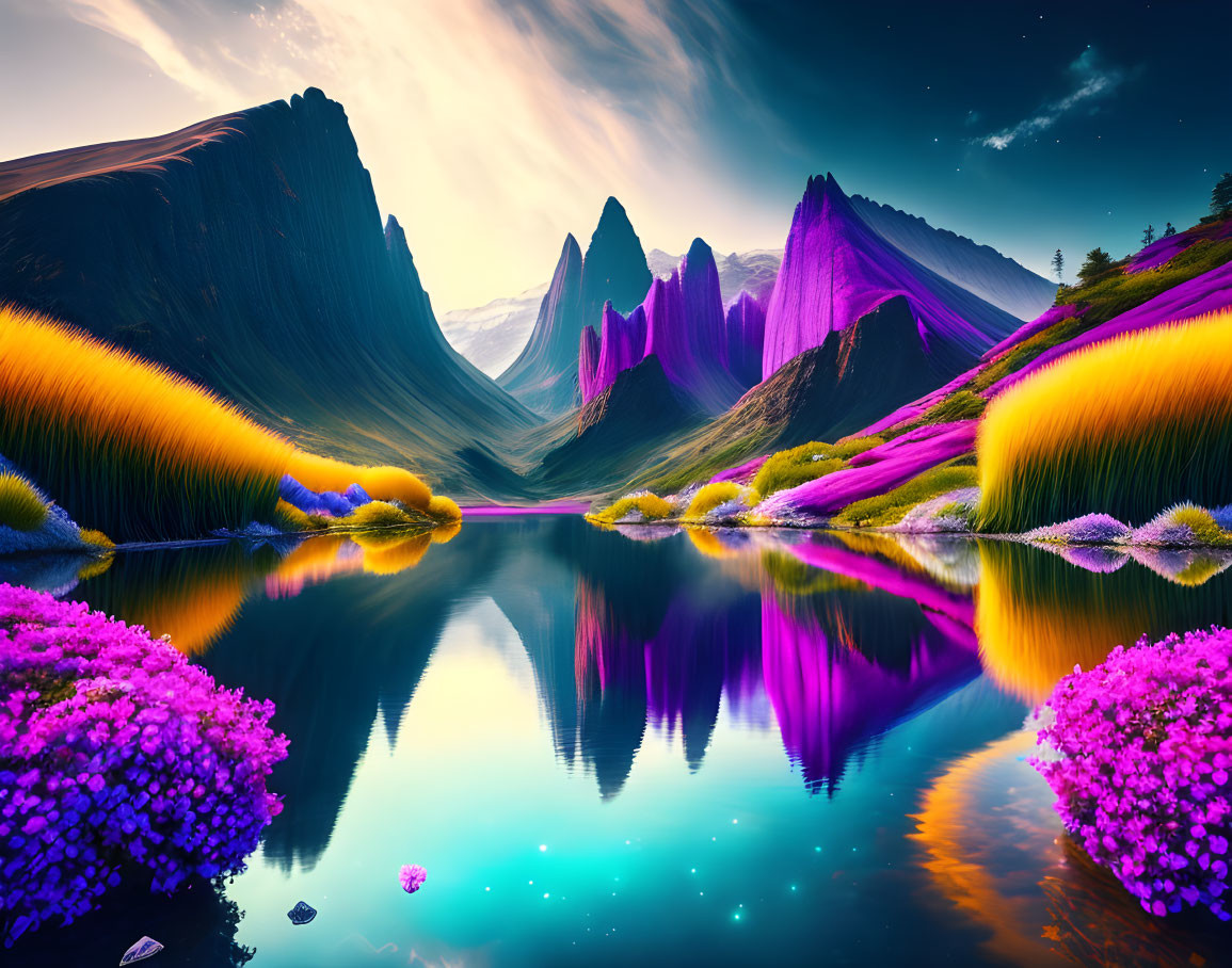 Surreal landscape with purple mountains, reflective lake, colorful flora