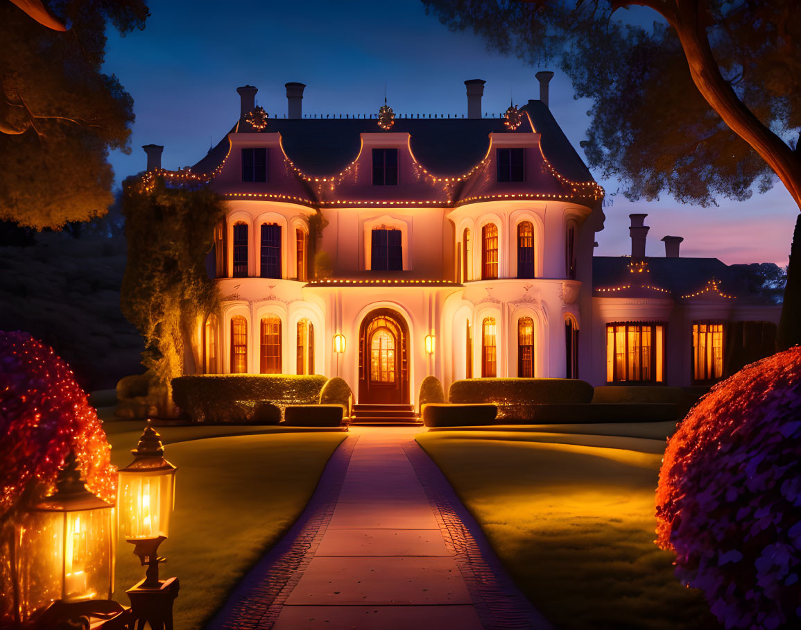 Luxurious mansion at dusk with illuminated windows and lush landscaping