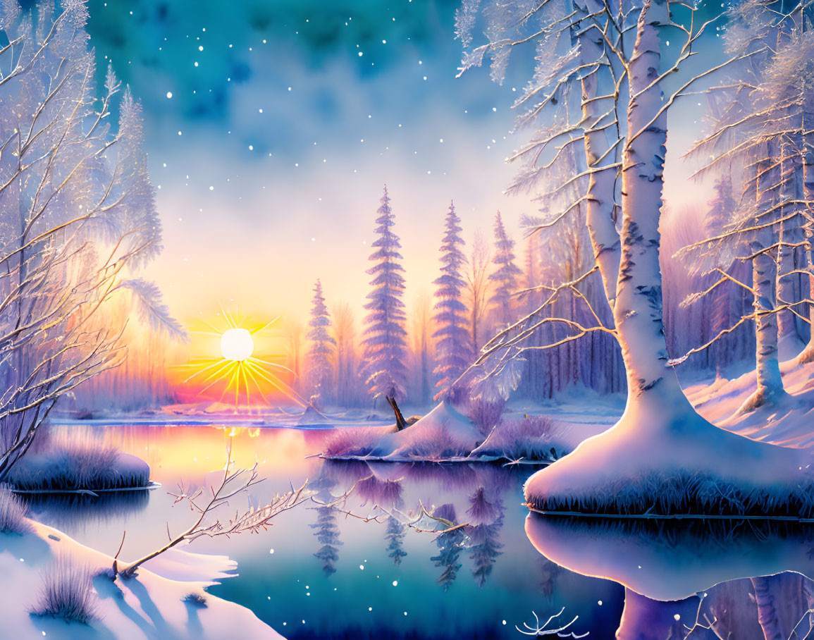 Snow-covered trees and calm lake in serene winter scene