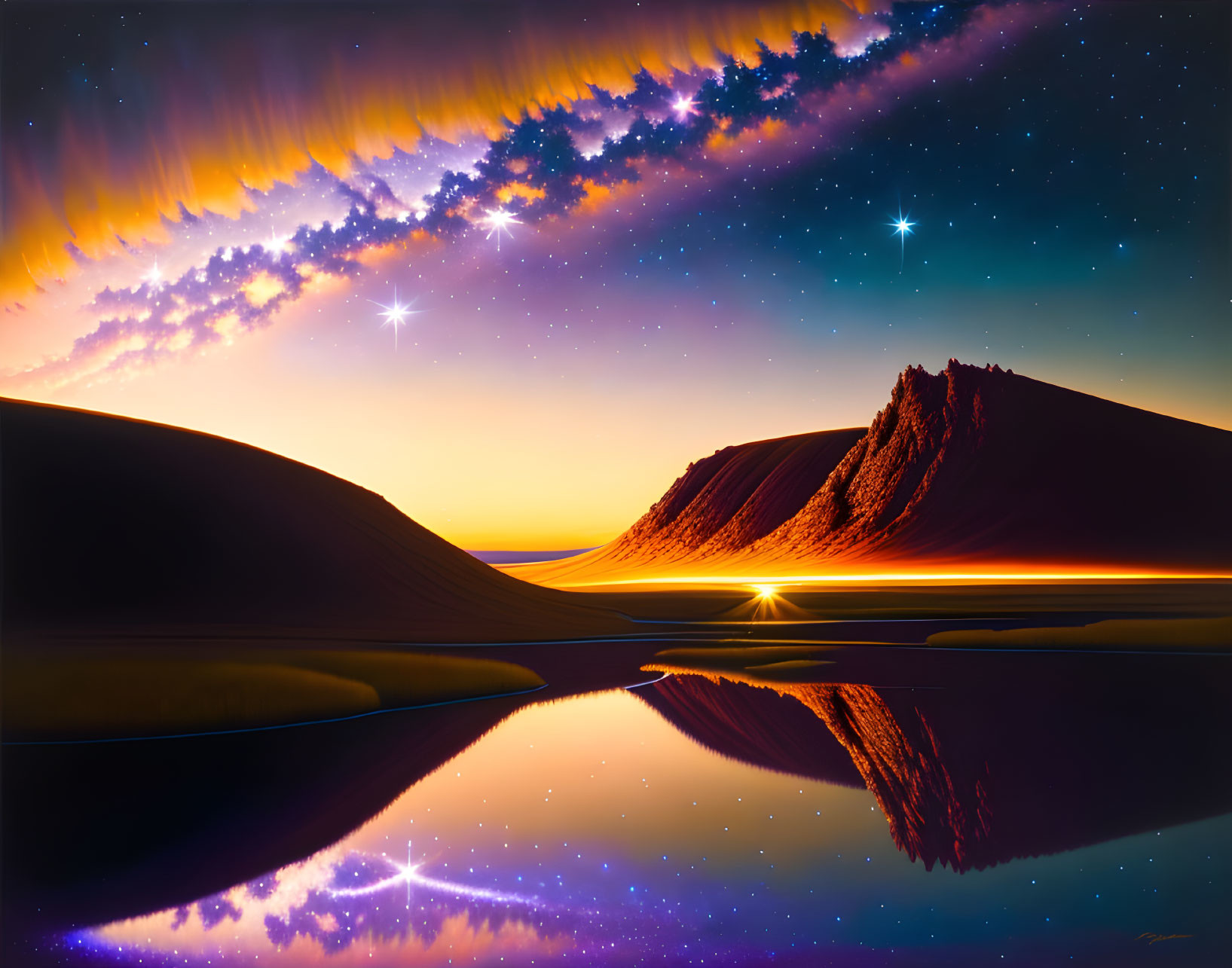 Surreal landscape digital artwork: smooth dunes, reflective water, starry sky