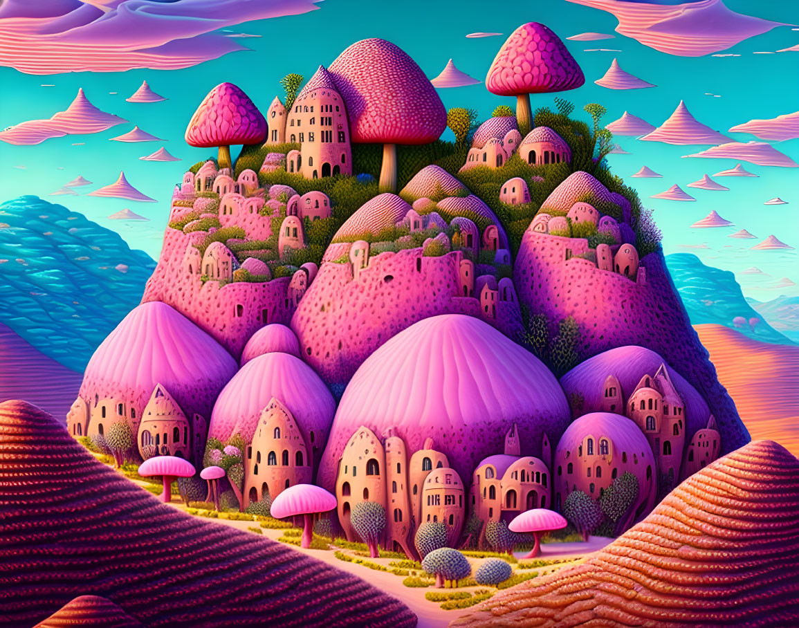 Whimsical pink mushroom houses in fantasy landscape